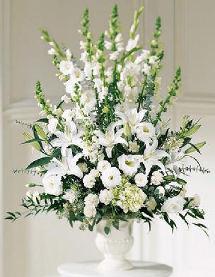 All White Floral Arrangement in Urn, Lilies, Roses, Hydrangea...