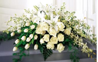 All White Casket Spray, Roses, Tulips, Lilies, Dendrobium Orchids...